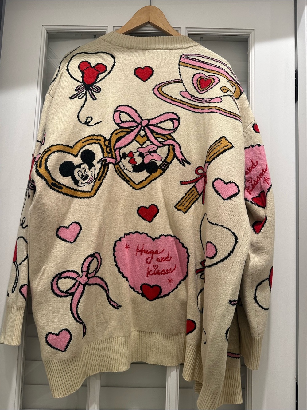Cream Heart & Ribbon Motif Women's Sweater - Pink and Red Mickey and Minnie